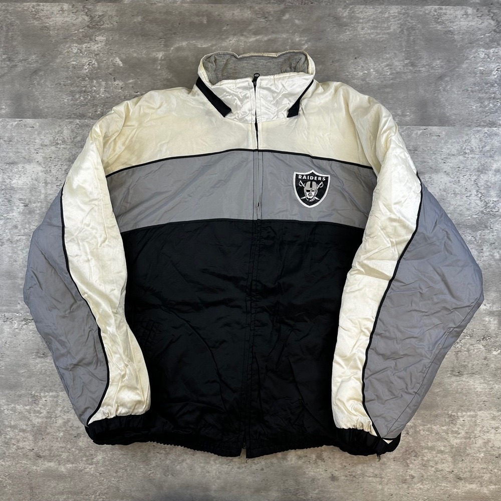 Vintage NFL Oakland Raiders Puffer Jacket Mens XL Black Grey White‎ Full Zip 90s